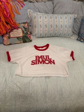 White slashed Crop Ringer Tee with Red Logo and Trim